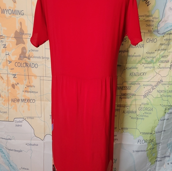 Lizzy & Johnny Silk Dress Red With Floral Asian Print Side Slit Slit Sleeves - Picture 7 of 16